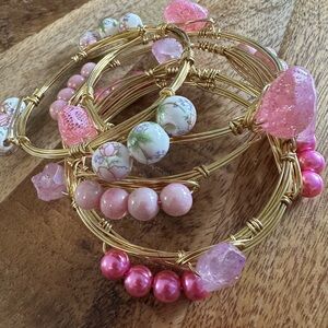 Handmade Gold Wire Pink Beaded 5 Stackable Bracelet Set